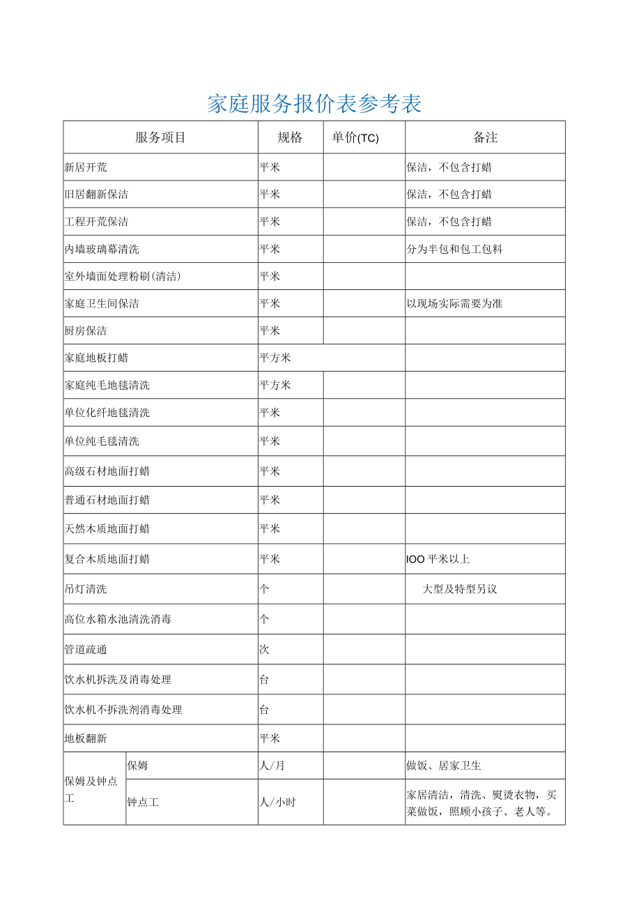 家庭保洁服务报价表模板.docx_第1页