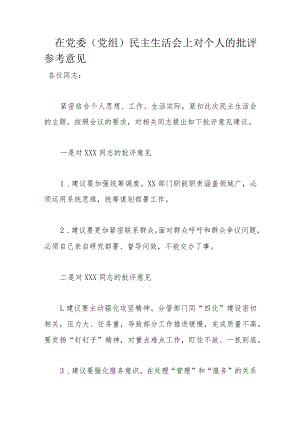 在党委（党组）民主生活会上对个人的批评参考意见.docx