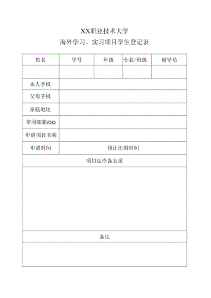 XX职业技术大学海外学习、实习项目学生登记表.docx