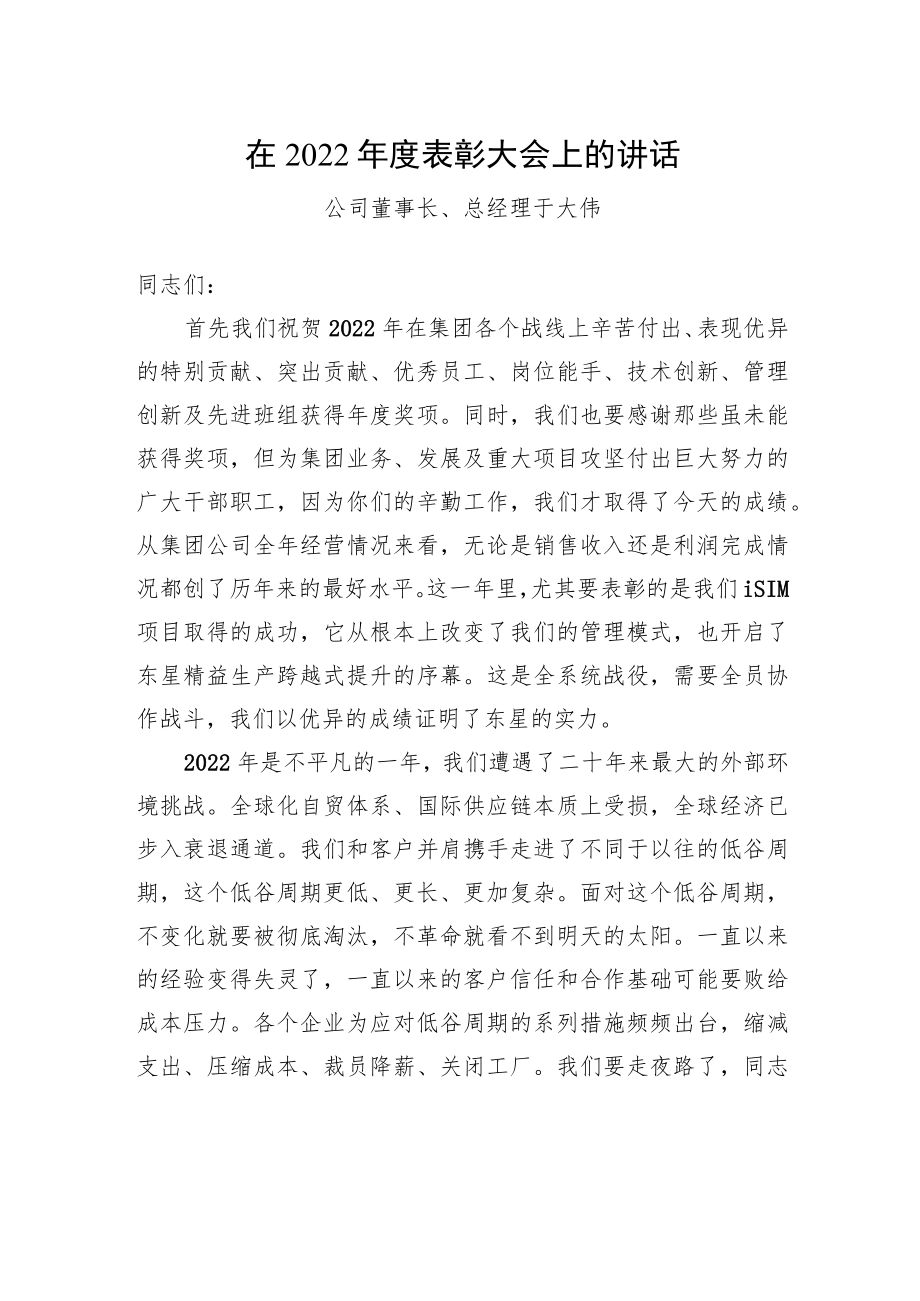 公司董事长、总经理于大伟:在2022年度表彰大会上的讲话.docx_第1页