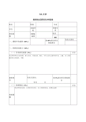 XX大学推荐免试研究生申报表.docx