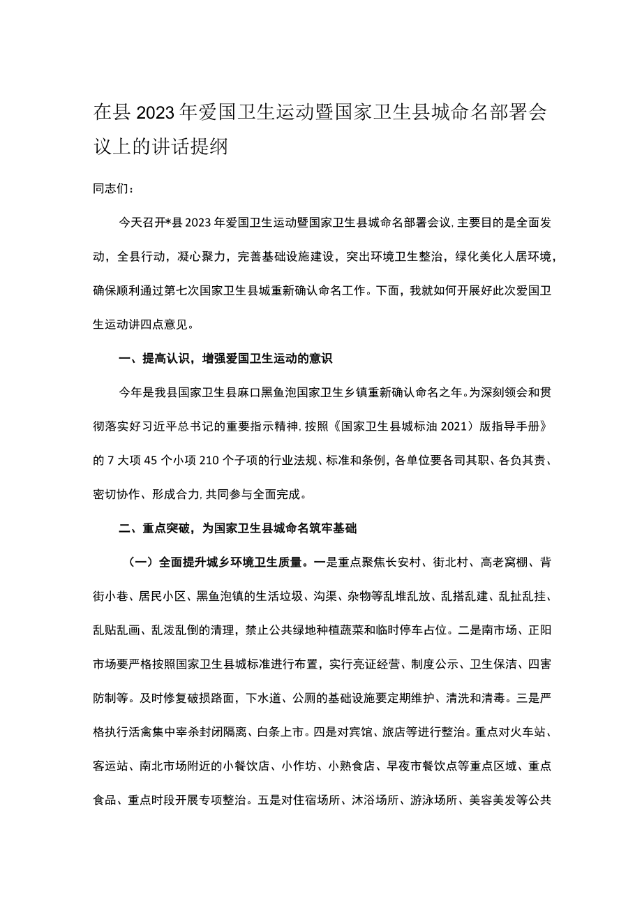 在县2023年爱国卫生运动暨国家卫生县城命名部署会议上的讲话提纲.docx_第1页