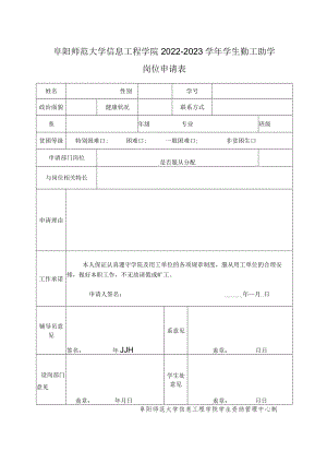 阜阳师范大学信息工程学院2022-2023学年学生勤工助学岗位申请表.docx