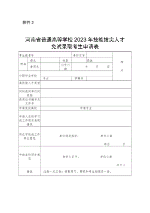 河南省普通高等学校2023年技能拔尖人才免试录取考生申请表.docx