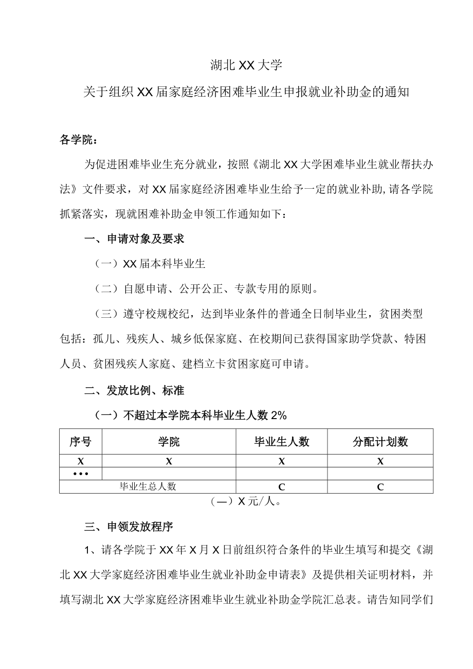 湖北XX大学关于组织XX届家庭经济困难毕业生申报就业补助金的通知.docx_第1页