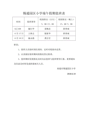 锡通园区小学端午假期值班表.docx