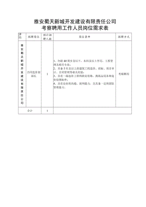 雅安蜀天新城开发建设有限责任公司考察聘用工作人员岗位需求表.docx