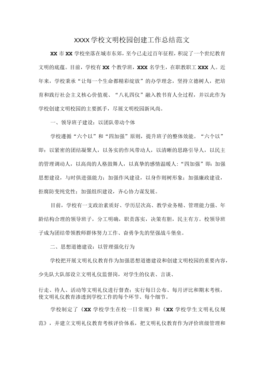 XXXX学校文明校园创建工作总结范文.docx_第1页