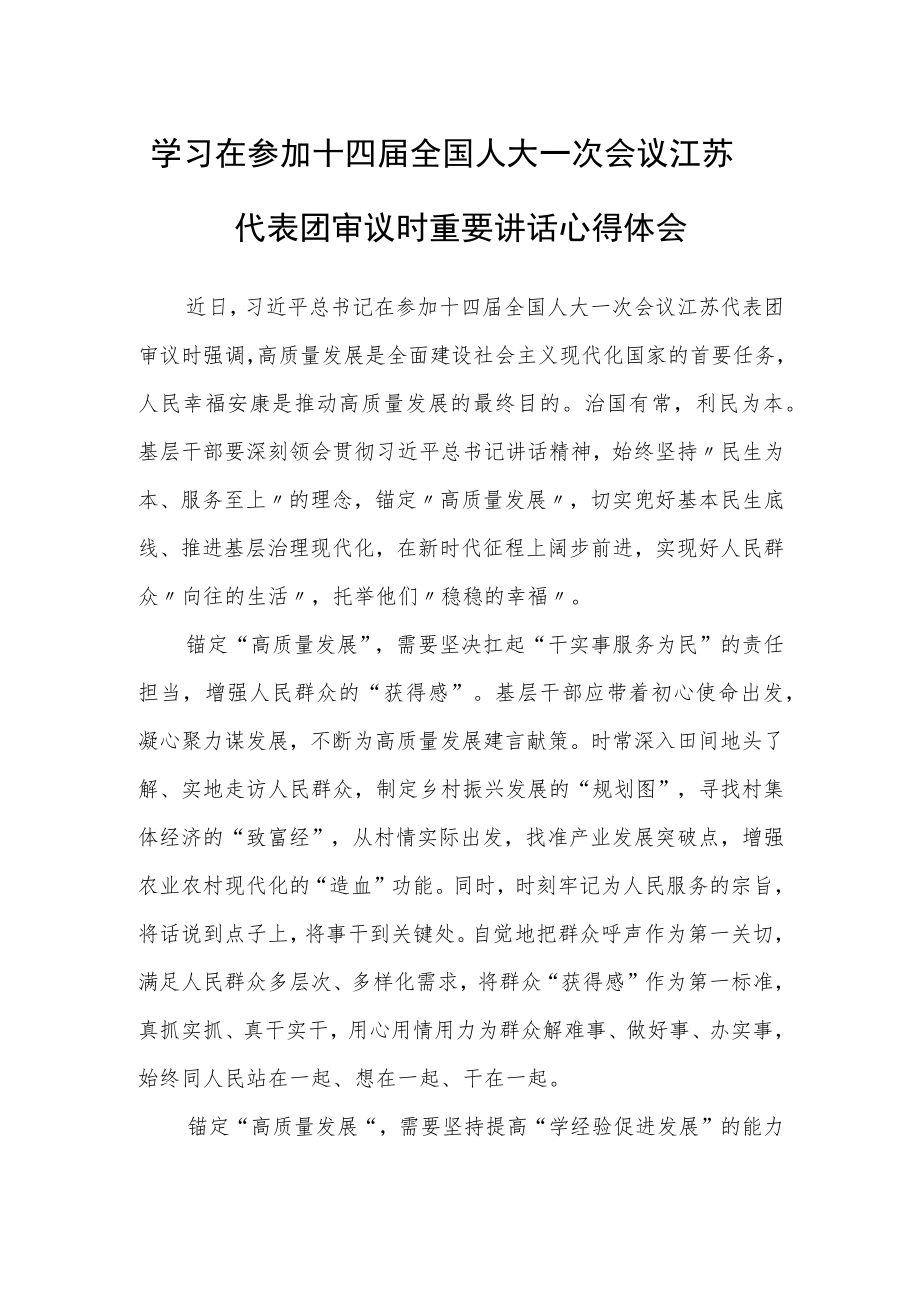 （5篇）普通党员学习领会2023年在参加十四届全国人大一次会议江苏代表团审议时重要讲话精神心得感想研讨发言材料.docx_第1页