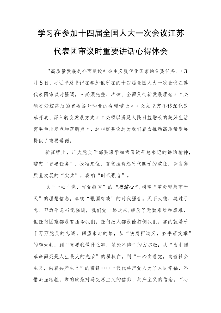 普通党员学习在参加十四届全国人大一次会议江苏代表团审议时重要讲话精神心得感想研讨发言材料【3篇】.docx_第1页