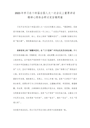 2023年学习在十四届全国人大一次会议上重要讲话精神心得体会研讨发言稿两篇.docx