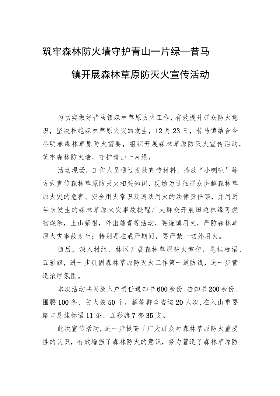 筑牢森林防火墙 守护青山一片绿——昔马镇开展森林草原防灭火宣传活动.docx_第1页