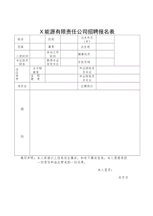 X能源有限责任公司招聘报名表.docx