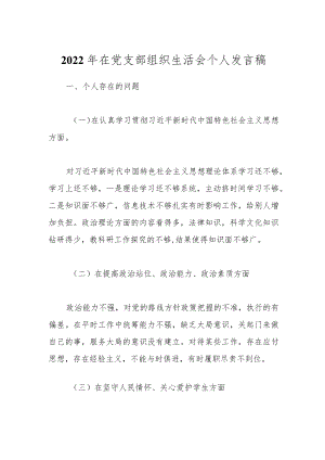 2022年在党支部组织生活会个人发言稿.docx