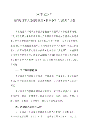 XX市202X年面向退役军人选拔培养第X批中小学“兵教师”公告.docx