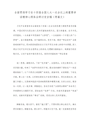 全面贯彻学习在十四届全国人大一次会议上的重要讲话精神心得体会研讨发言稿（两篇文）.docx