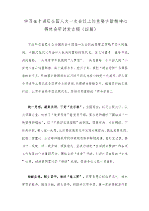 学习在十四届全国人大一次会议上的重要讲话精神心得体会研讨发言稿（四篇）.docx