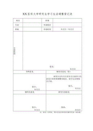 XX医科大学研究生学习生活调整登记表.docx