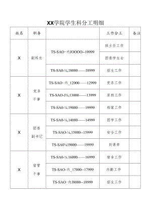 XX学院学生科分工明细表.docx