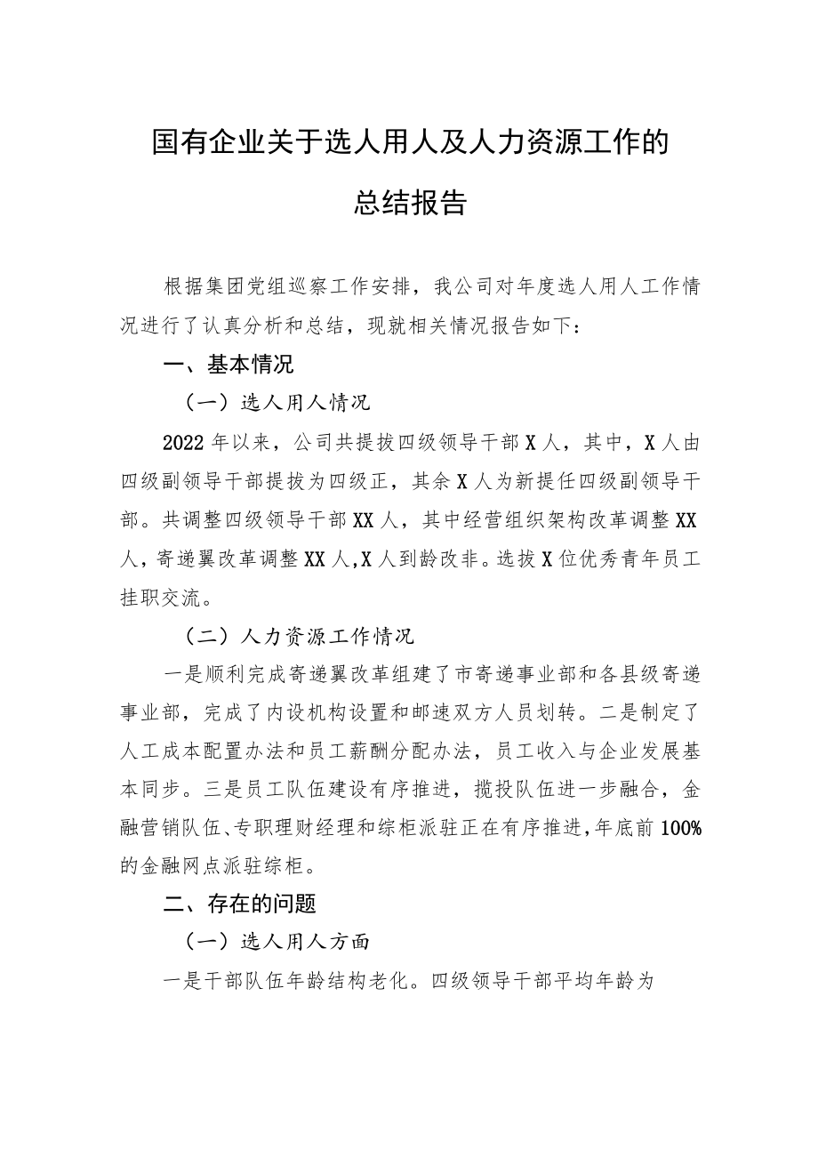 国有企业关于选人用人及人力资源工作的总结报告.docx_第1页