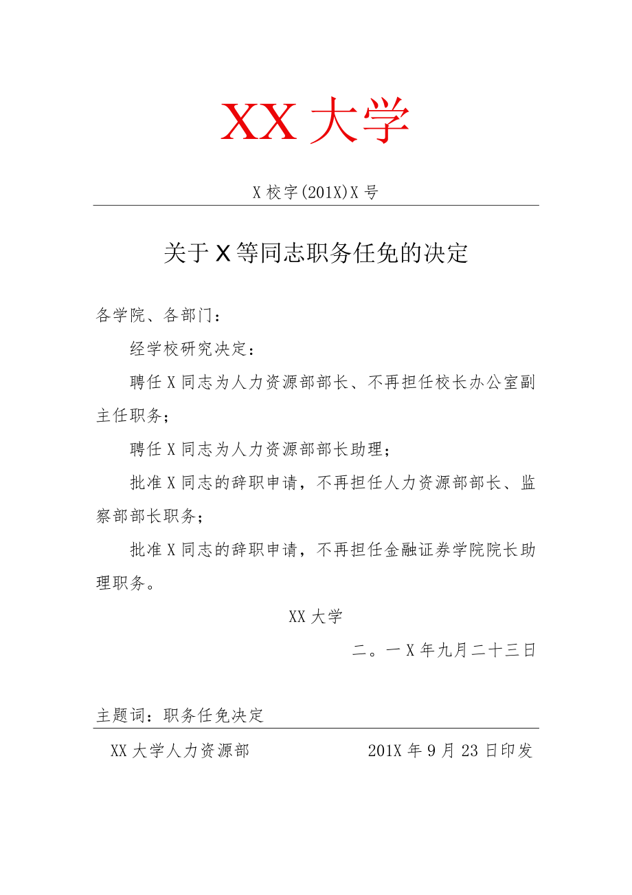 关于X等同志职务任免的决定.docx_第1页