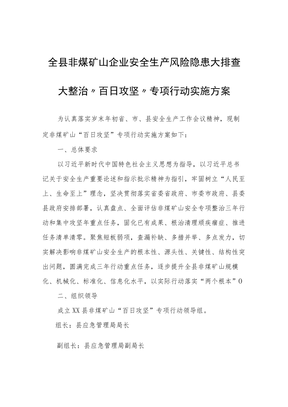 全县非煤矿山企业安全生产风险隐患大排查大整治“百日攻坚”专项行动实施方案.docx_第1页