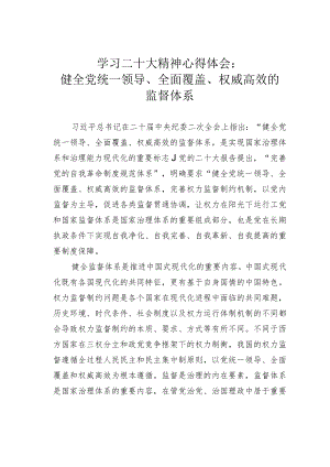 学习二十大精神心得体会：健全党统一领导、全面覆盖、权威高效的监督体系.docx