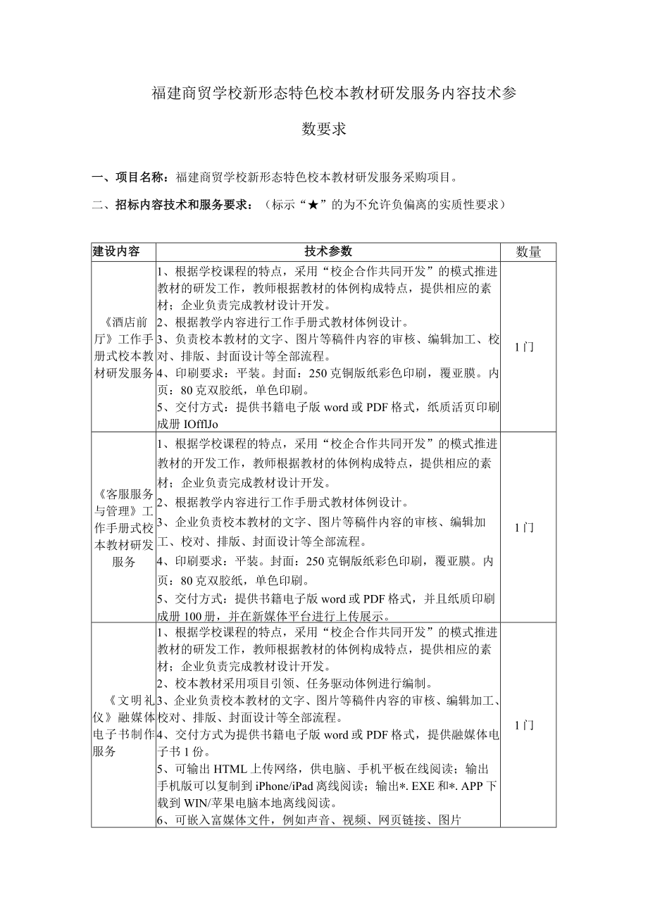 福建商贸学校新形态特色校本教材研发服务内容技术参数要求.docx_第1页