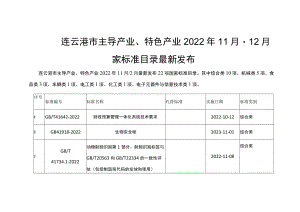 连云港市主导产业、特色产业2022年11月-12月国家标准目录最新发布.docx