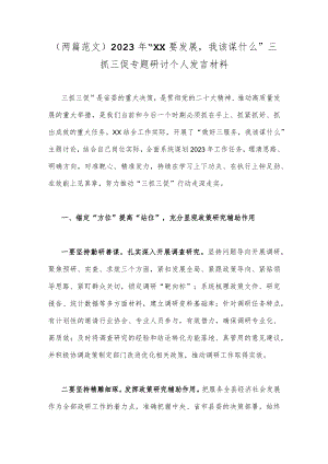 （两篇范文）2023年“XX要发展我该谋什么”三抓三促专题研讨个人发言材料.docx