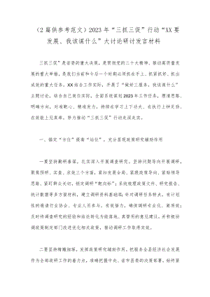 （2篇供参考范文）2023年“三抓三促”行动“XX要发展、我该谋什么”大讨论研讨发言材料.docx