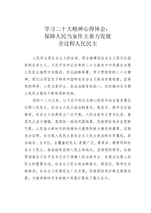 学习二十大精神心得体会：保障人民当家作主着力发展全过程人民民主.docx