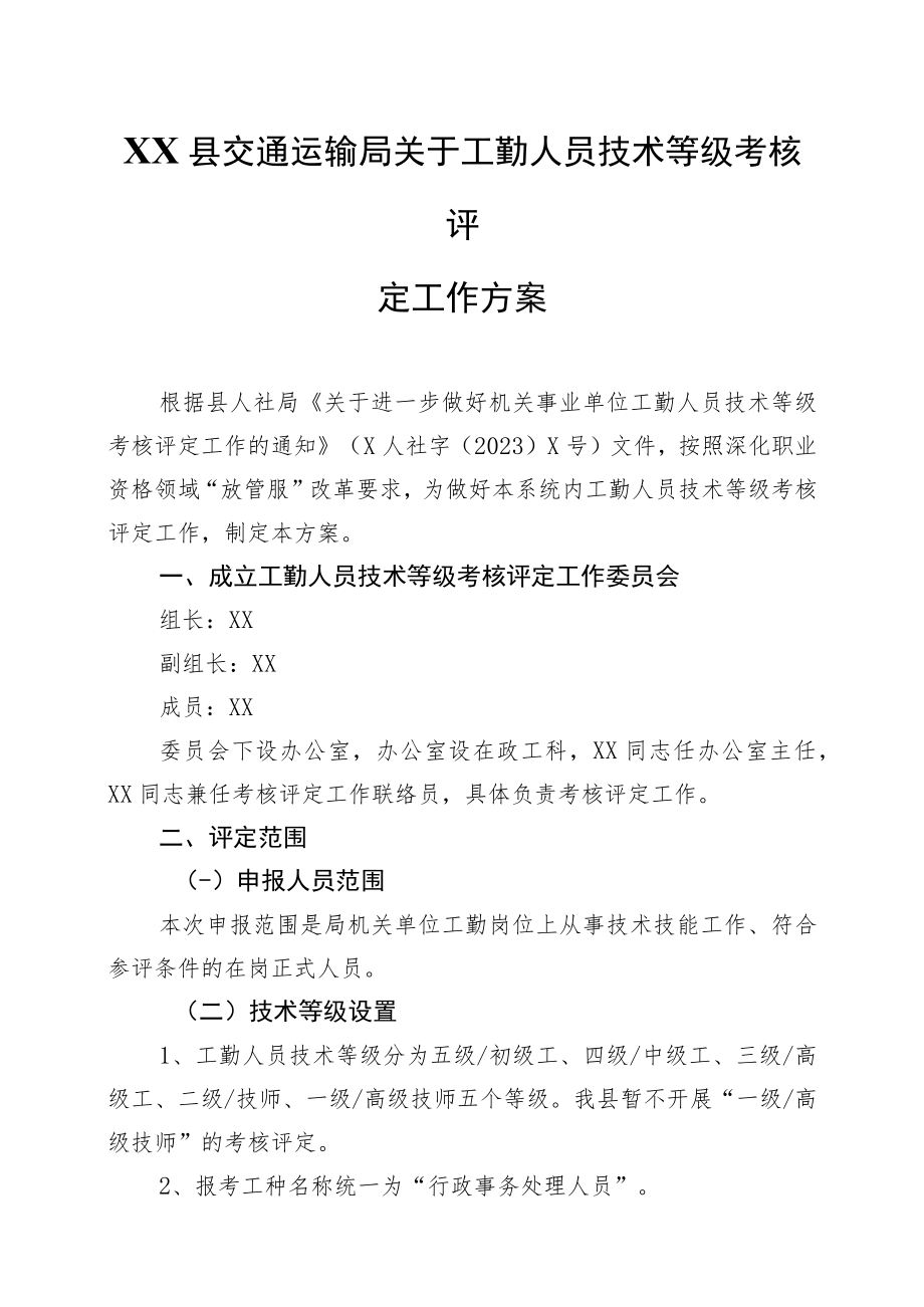 XX县交通运输局关于工勤人员技术等级考核评定工作方案.docx_第1页