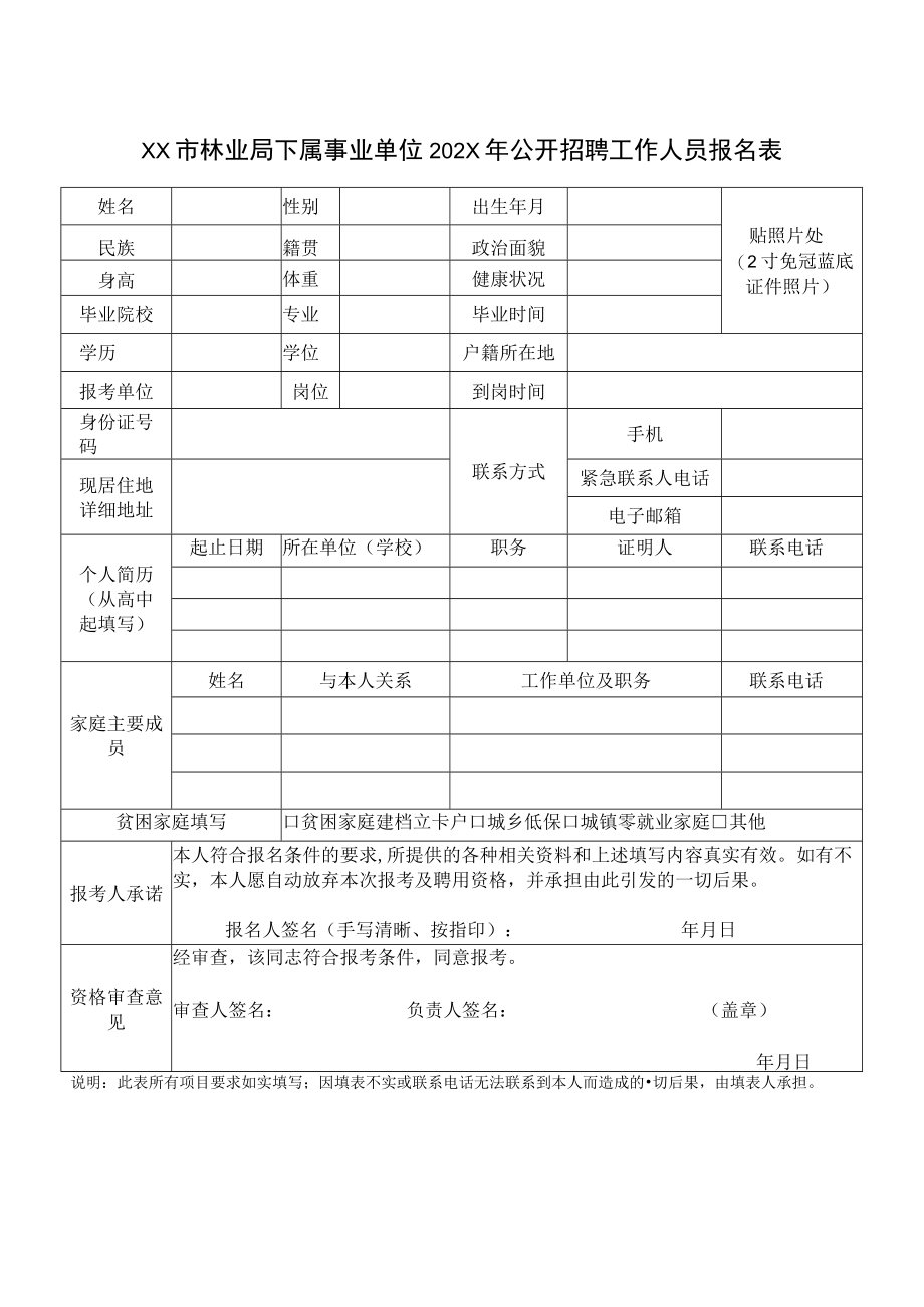 XX市林业局下属事业单位202X年公开招聘工作人员报名表.docx_第1页