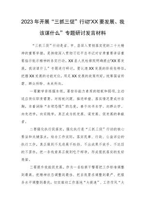 2023年“三抓三促”行动“XX要发展、我该谋什么”专题研讨发言材料.docx