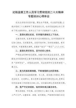 纪检监察工作人员学习贯彻党的二十大精神专题培训心得体会.docx