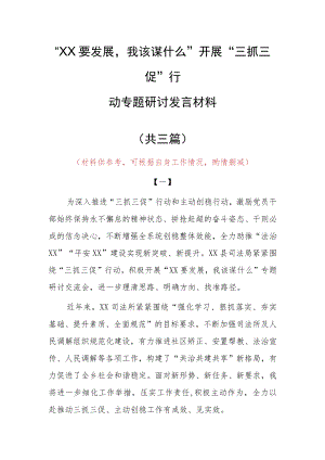 2023年“XX要发展、我该谋什么”开展三抓三促专题研讨党员心得体会材料（共3篇）.docx