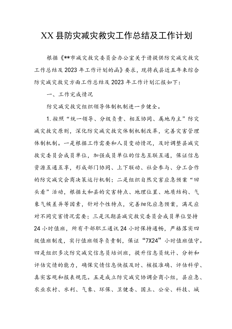 XX县防灾减灾救灾工作总结及工作计划.docx_第1页