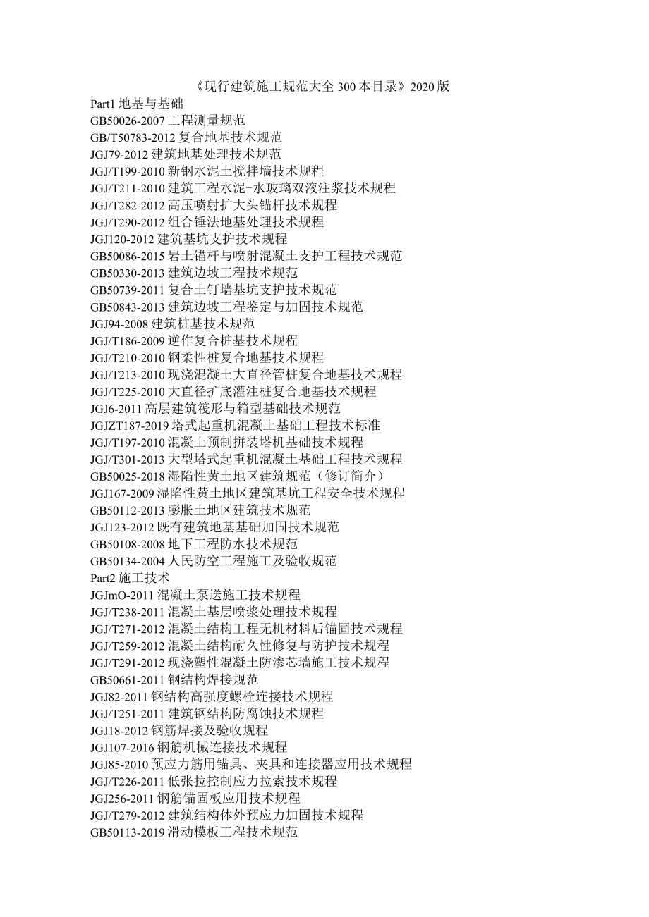 《现行建筑施工规范大全300本目录》2020版(附《现行建筑施工规范大全》目录2019年12月更新版).docx_第1页