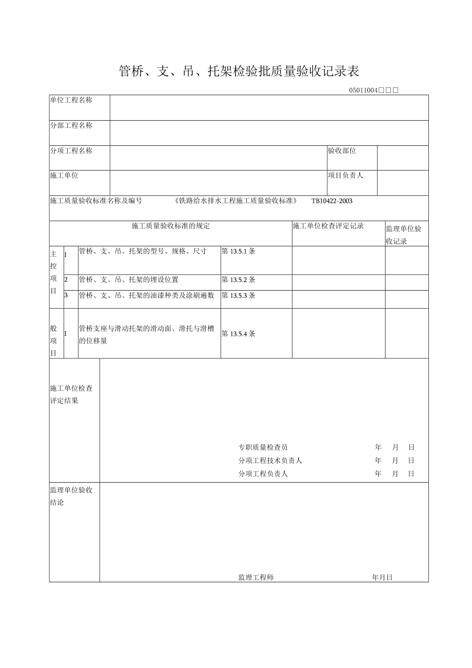 10-04管桥、支、吊、托架检验批质量验收记录表.docx_第1页