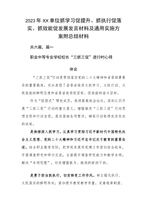 2023年XX单位抓学习促提升、抓执行促落实、抓效能促发展发言材料及通用实施方案附总结材料.docx