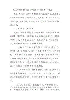 2022年度在组织生活会和民主评议党员的工作报告范文.docx