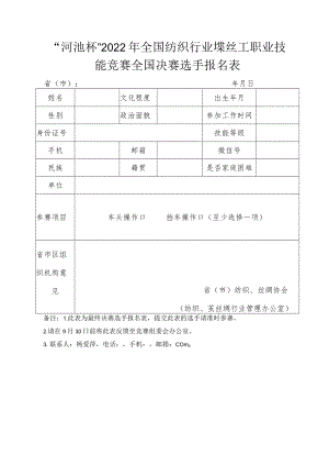 “河池杯”2022年全国纺织行业缫丝工职业技能竞赛全国决赛选手报名表.docx