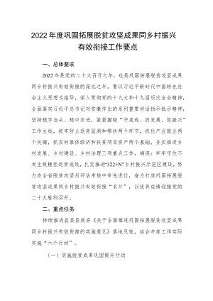 2022年度巩固拓展脱贫攻坚成果同乡村振兴有效衔接工作要点.docx