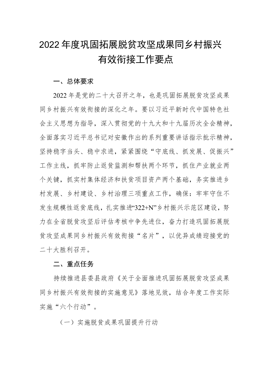2022年度巩固拓展脱贫攻坚成果同乡村振兴有效衔接工作要点.docx_第1页