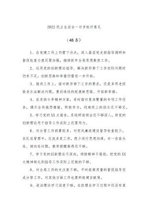 (48条)2022民主生活会一对多批评意见.docx