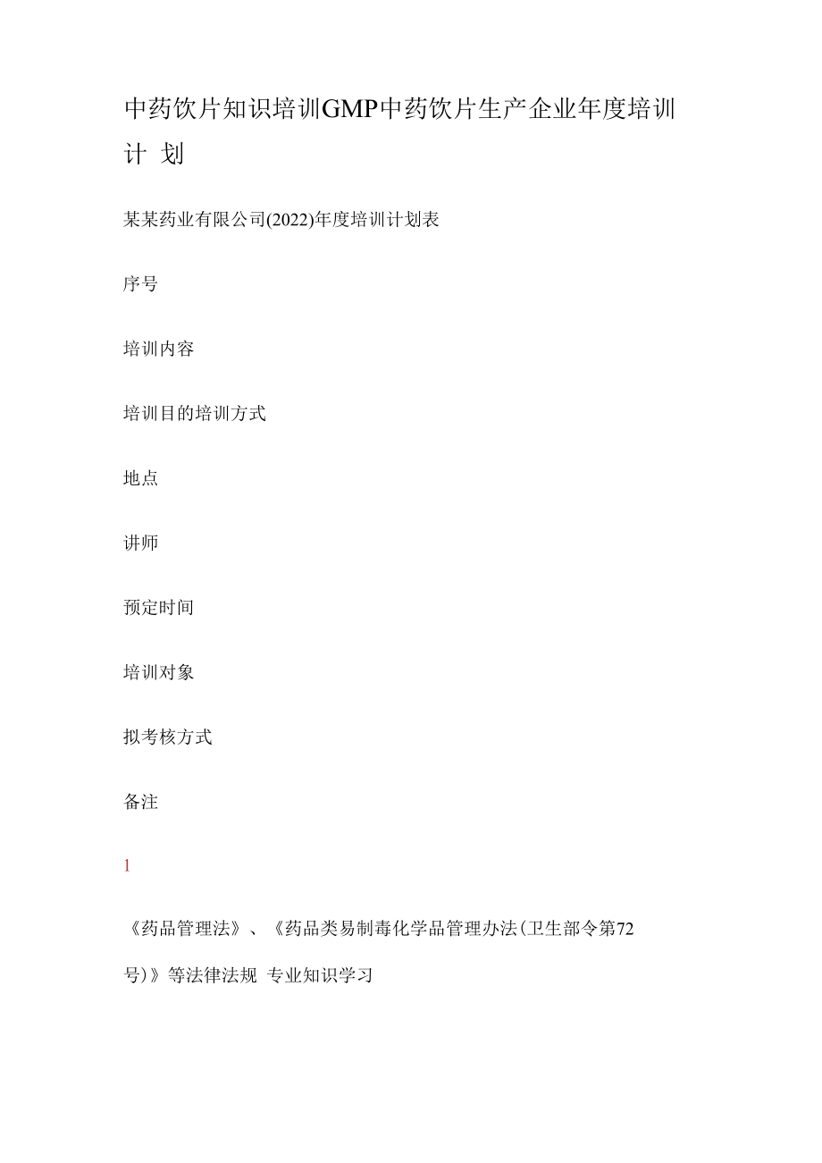 中药饮片知识培训讲解GMP中药饮片生产企业年度培训讲解计划.docx_第1页