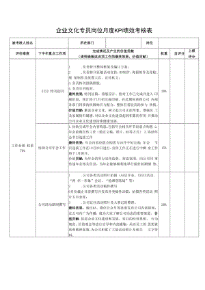 企业文化专员岗位月度KPI绩效考核表.docx