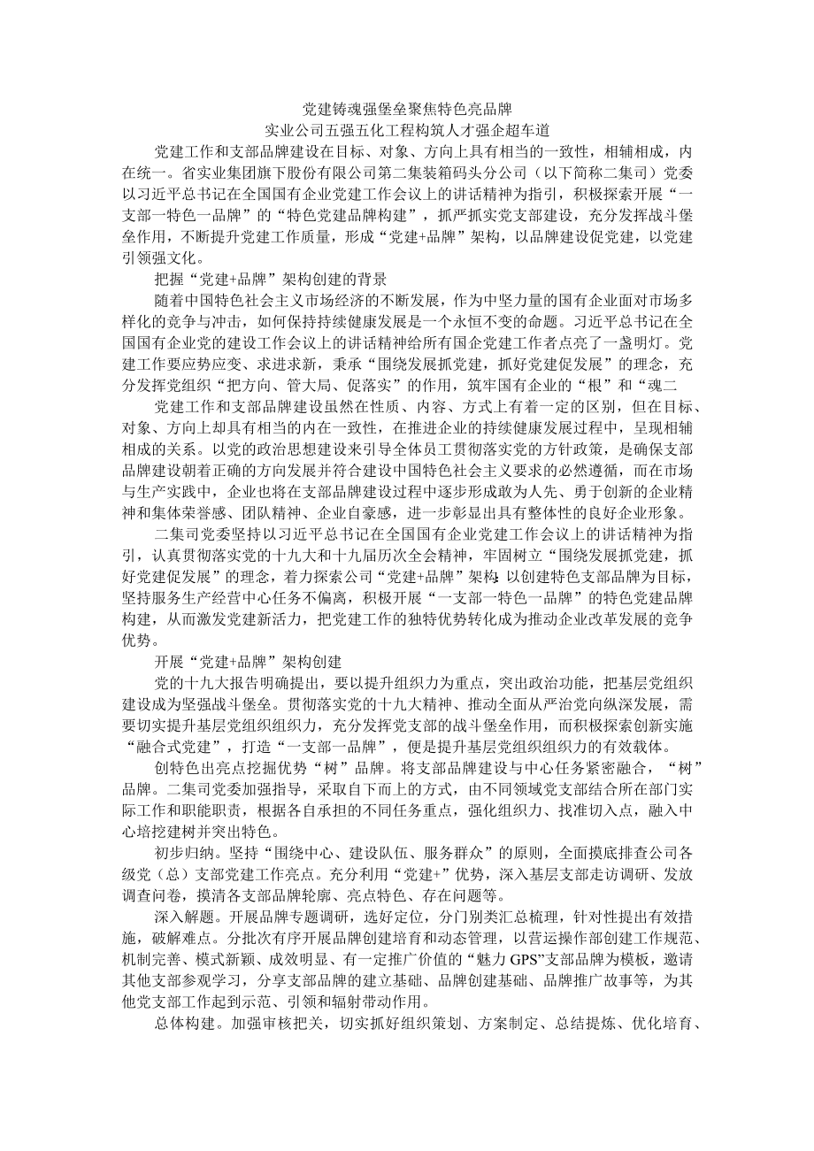 党建铸魂强堡垒 聚焦特色亮品牌 实业公司五强五化工程构筑人才强企超车道.docx_第1页