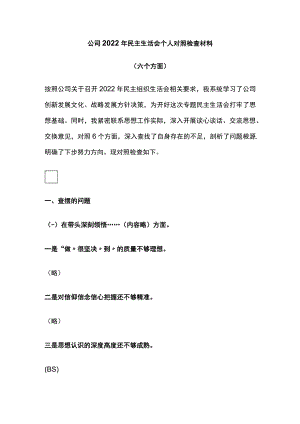 公司2022年民主生活会个人对照检查材料.docx